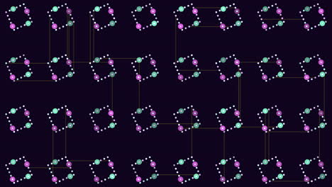 Lebendiges-Raster-Aus-Violetten-Und-Rosa-Quadratischen-Mustern-Auf-Schwarzem-Hintergrund