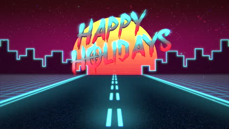 Happy-Holidays-with-blue-neon-road-and-city-in-80s-style