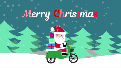 Frohe-Weihnachten-Und-Weihnachtsmann-Mit-Geschenken-Auf-Dem-Motorrad