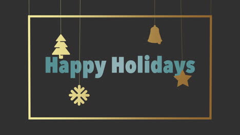 Happy-Holidays-with-gold-Christmas-toys-in-frame-on-black-gradient