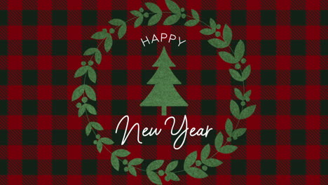 Feliz-Año-Nuevo-Con-árbol-De-Navidad-Verde-Invernal-En-Patrón-De-Cuadros-Rojos