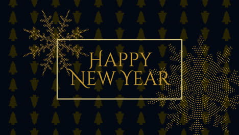 Happy-New-Year-with-gold-snowflakes-and-Christmas-trees-pattern