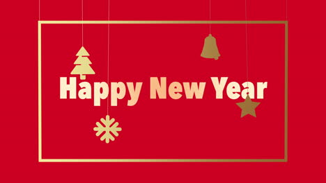 Happy-New-Year-with-gold-Christmas-toys-in-frame-on-red-gradient