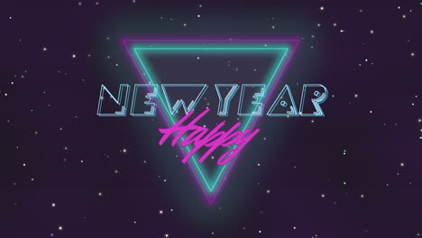 Retro-Happy-New-Year-text-with-neon-triangle-in-dark-galaxy