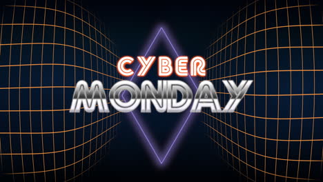 Cyber-Monday-Text-Mit-Retro-Neon-Diamant-Und-Gitter-Auf-Schwarzem-Farbverlauf