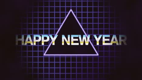 Retro-Happy-New-Year-text-with-neon-triangle-and-grid-in-dark-galaxy