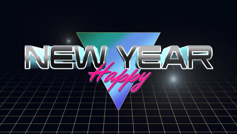 Retro-Happy-New-Year-text-with-neon-triangle-and-grid-in-dark-galaxy