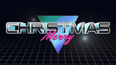 Retro-Merry-Christmas-text-with-neon-triangle-on-grid-in-dark-galaxy