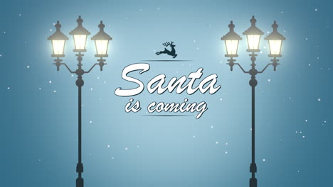 Santa-Is-Coming-with-white-snowflake-and-street-lights-in-night