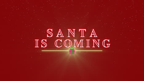 Santa-Is-Coming-with-gift-box-and-fly-glitters-on-red-gradient