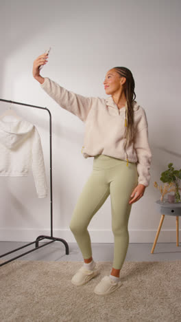 Vertical-POV-Video-Of-Female-Social-Media-Influencer-Posing-For-Selfie-Producing-User-Generated-Content-In-Studio-Modelling-A-Variety-Of-Fashion-Outfits-Shot-In-Real-Time-2