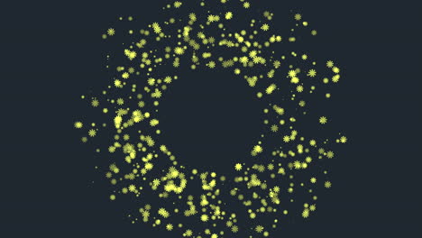 Abstract-circle-yellow-dots-float-in-air-on-black-background