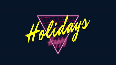 Retro-neon-sign-with-festive-triangle-of-Happy-Holidays-in-pink-and-yellow-on-black-background