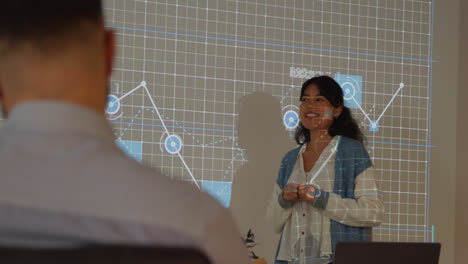 Female-Teacher-Giving-Maths-Or-Science-Lesson-In-College-Or-University-Standing-At-The-Front-Of-Class-With-Projection-Of-Graph-1