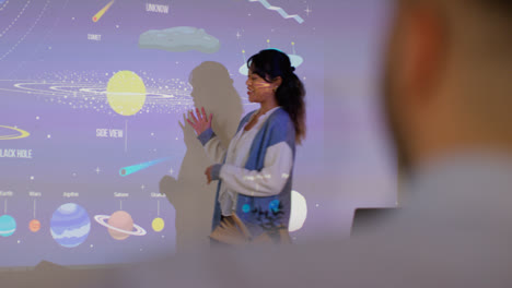 Female-Teacher-Giving-Astronomy-Lesson-In-School-Standing-At-The-Front-Of-Class-With-Projection-Of-The-Solar-System-4