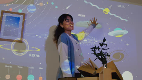 Female-Teacher-Giving-Astronomy-Lesson-In-School-Standing-At-The-Front-Of-Class-With-Projection-Of-The-Solar-System-1