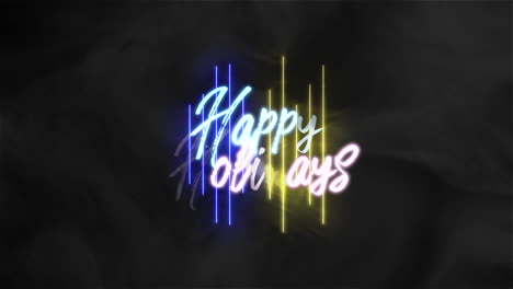 Flickering-neon-sign-Happy-Holidays-in-blue,-yellow,-and-purple-on-black-background