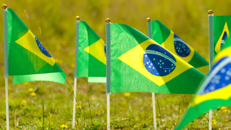 Close-Up-Of-Group-Of-Small-Brazilian-National-Flags-Outdoors-In-Countryside-Field-Or-Garden-Moving-In-Wind-3