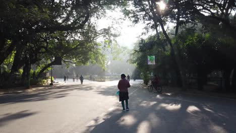 Weitwinkel-Schwenkaufnahme-Von-Menschen-Im-Cubbon-Park-Am-Frühen-Morgen