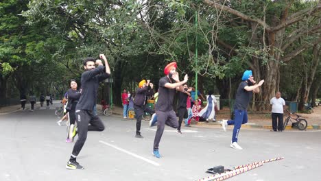 Zeitlupenaufnahme-Eines-Punjabi-Flashmobs,-Der-An-Einem-Hellen-Tag-Bhangra-Zu-Einem-Lied-Im-Cubbon-Park-Tanzt?