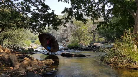A-man-crossing-a-river-stream-of-the-Cauvery-river-carrying-a-coracle-and-a-paddle-in-Hogenakkal-Tamilnadu-India