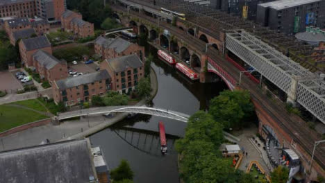 Drone-Shot-Approaching-Boat-At-Castlefield-Canals