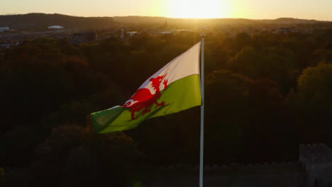 Drohnenschuss-Umkreist-Cardiff-Castles-Walisische-Flagge-03