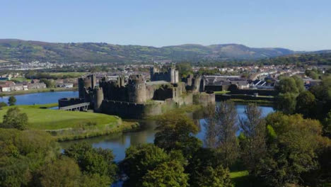 Drone-Shot-Orbiting-Caerphilly-Castle-and-Moat-In-Wales-Short-Version-2-of-2