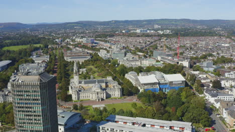 Drone-Shot-Approaching-National-Museum-Cardiff-and-City-Hall-