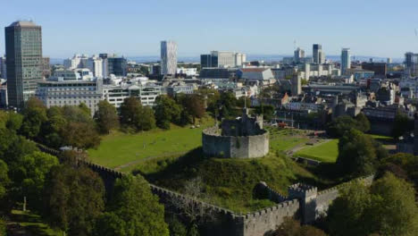Drone-Shot-Orbiting-Cardiff-Castle-In-Wales-Long-Version