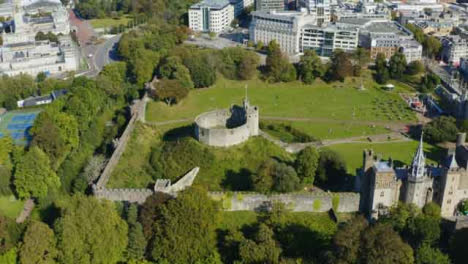 Drone-Shot-Orbiting-Around-Cardiff-Castle-In-Wales-Short-Version-2-of-2