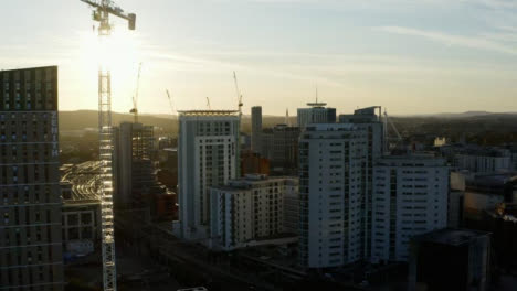 Drone-Shot-Pulling-Away-from-Hotel-and-Apartment-Block-In-Cardiff-