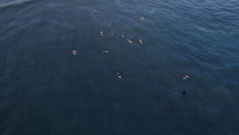 Drone-Shot-Orbiting-a-Group-of-Surfers-Waiting-for-Waves
