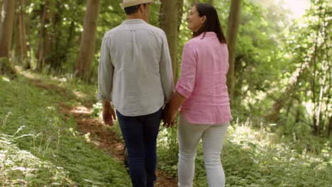 Tracking-Shot-Following-a-Middle-Aged-Couple-Walking-Through-Scenic-Woodland