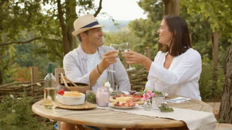 Wide-Shot-of-Middle-Aged-Couple-Bringing-Their-Wine-Glasses-Together