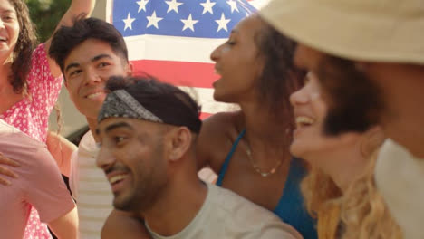 Close-Up-Shot-Orbiting-Around-Group-of-Young-Americans-Smiling-and-Celebrating