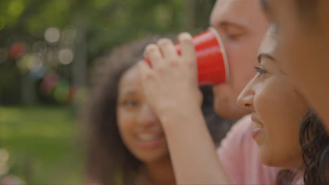 Close-Up-Shot-of-Line-of-Friends-Sitting-Around-Table-Drinking-and-Talking