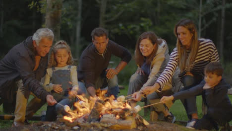 Wide-Shot-of-Family-Toasting-Marshmallows-On-Campfire
