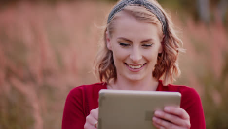Young-Smiling-Woman-Typing-On-Digital-Tablet-Outdoors-3