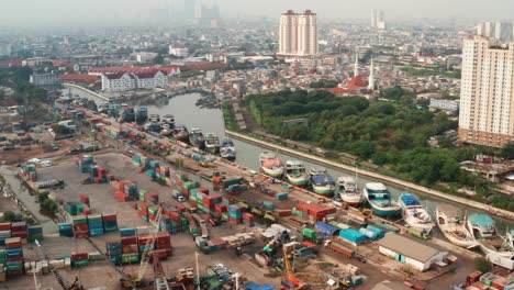 Drone-Shot-of-Jakarta-City-and-Boats