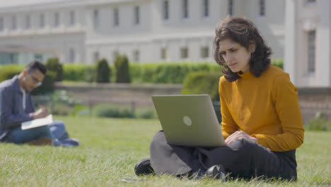 Plano-Medio-De-Una-Estudiante-Que-Trabaja-En-Una-Laptop-En-El-Parque-Universitario