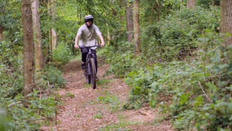 Disparo-A-Cámara-Lenta-Del-Hombre-En-Bicicleta-De-Montaña-En-Bicicleta-A-Lo-Largo-Del-Sendero-A-Través-Del-Bosque