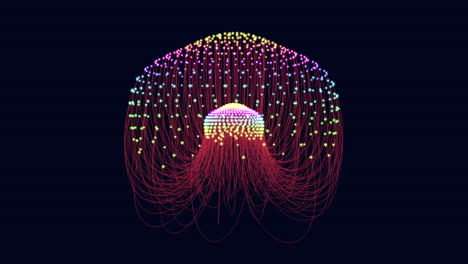 Bewegung-Futuristische-Kreatur-Mit-Regenbogenpunkten-Und-Roten-Linien-Im-Dunklen-Raum