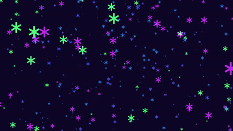 Fly-blue-and-yellow-snowflakes-on-purple-dark-sky