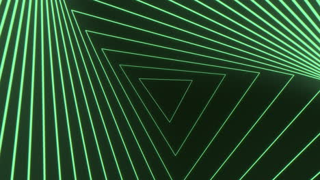 Triángulos-Espirales-Verdes-De-Neón-En-Movimiento-En-El-Espacio-Oscuro