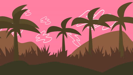 Pink-sunset-landscape-with-summer-palms-and-mountains