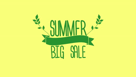 Summer-Big-Sale-with-green-leafs-and-ribbon-on-yellow-texture