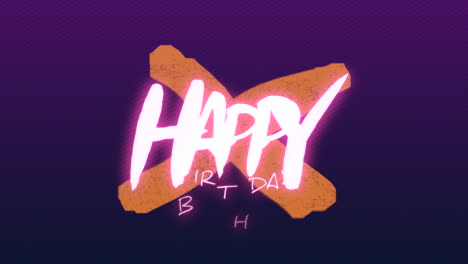 Feliz-Cumpleaños-Con-Cruz-De-Neón-Naranja-En-Espacio-Púrpura,-Movimiento