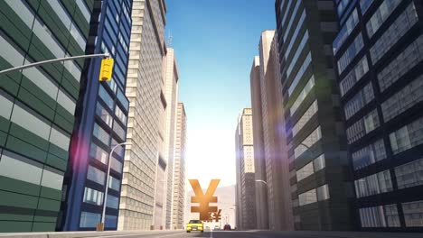 Japanese-Yen-Sign-In-The-City---Flight-Animation-Over-The-Road