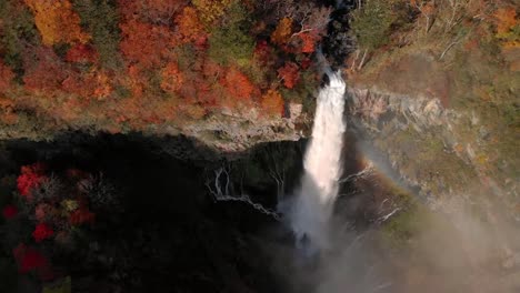 Aerial-view-of-Kegon-waterfall-and-autumn-foliage,-Nikko,-Tochigi,-Japan